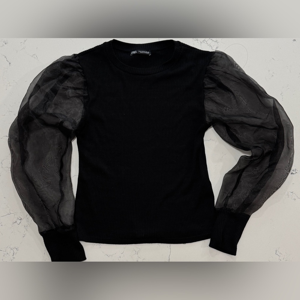 Zara Black Blouse with Sheer Sleeves